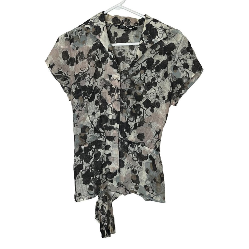 Lafayette 148 Petite Linen Button Front Belted Short Sleeve Blouse‎ Floral 10